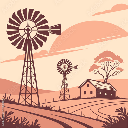 Vector art of nostalgic farm scene illustration with vintage windmills, a quaint farmhouse, and a warm color scheme, capturing the charm of rural life in a stylized design