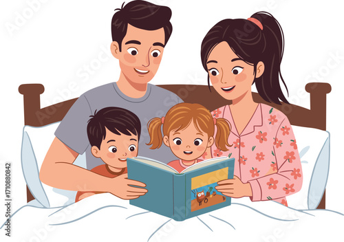 Cartoon family reading bedtime story, cozy bedroom, happy children, parenting moment, storytelling time, digital illustration, bonding, love, peaceful night, togetherness