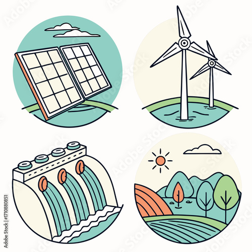 Vector art of renewable energy sources icons set solar panel, wind turbine, hydroelectric dam, and sustainable agriculture vector illustration