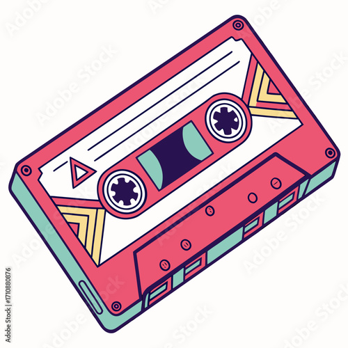 Vector art of retro cassette tape illustration nostalgic design element with vibrant colors, perfect for 80s themed projects and vintage aesthetics