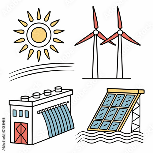 Vector art of renewable energy sources such as solar panel, wind turbine, and hydroelectric power plant, vector illustration