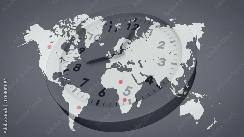 Backdrop appearing world map and clock emerging rotating hand linking ...