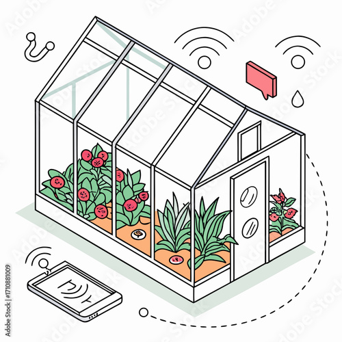 Vector art of smart greenhouse with plants and technology, a vector illustration showcasing modern agriculture and connectivity