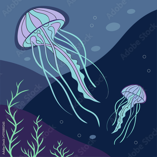 Vector art of two jellyfish gracefully swimming in the deep blue sea, their tentacles trailing behind them as they navigate the underwater world with elegance and beauty