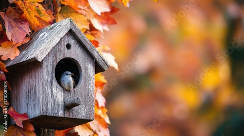 Wooden birdhouse with a small bird in autumn foliage.