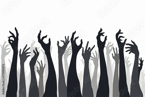 Vector art illustration of people with raised hands forming a tree silhouette outline for volunteer, voting or charity. Halloween theme, for party, poster, invitation, background