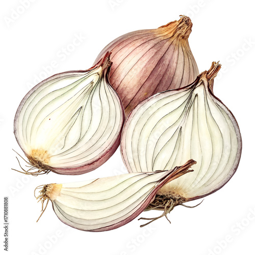 Wallpaper Mural Two Halves of a Red Onion and a Single Slice with Roots Keywords: onion, red onion, sliced, halved, vegetable, food Torontodigital.ca