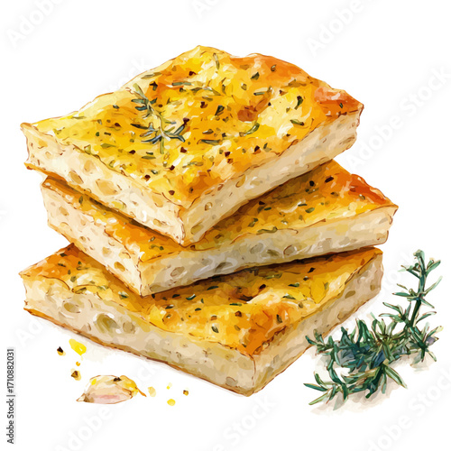 Focaccia, watercolor painting, vector illustration, isolated on a white background.