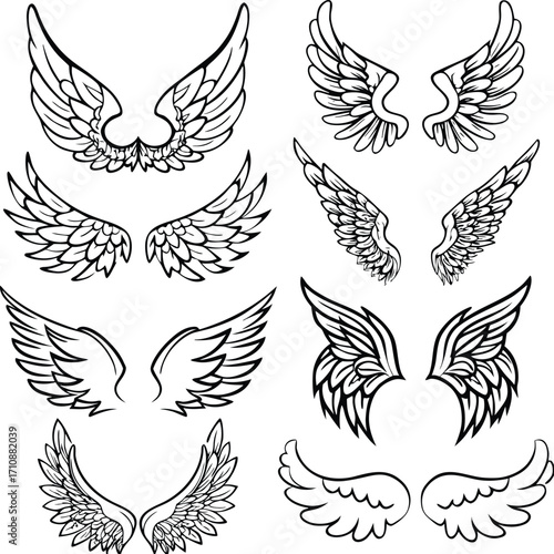 Collection of black and white line art wing illustrations
