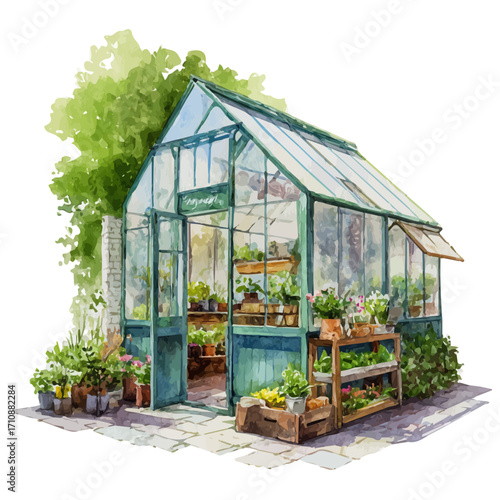 Greenhouse, watercolor painting, vector illustration, isolated on a white background.