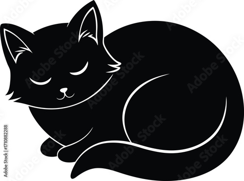 Cute Kitten Sleeping Peacefully in Folded Position Vector Silhouette, Symbolizing Calmness, Relaxation, and Comfort EPS
