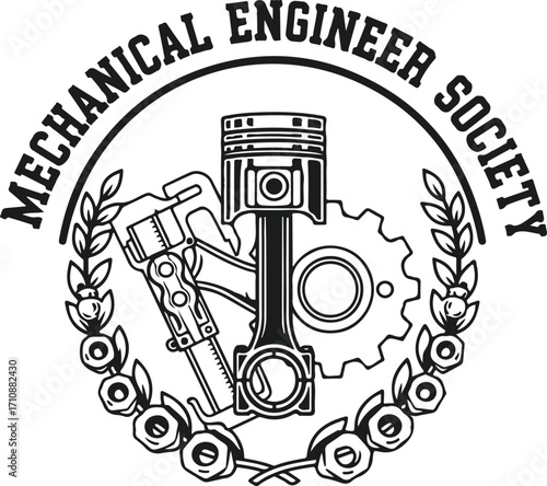 Mechanical Engineer Society – Emblem Design with Piston, Wrench, Gear, and Laurel Wreath in Black and White