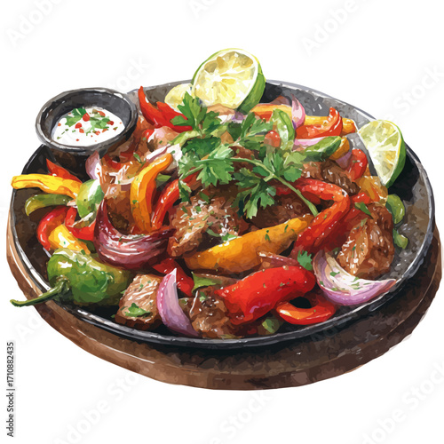 Fajita Platter, watercolor painting, vector illustration, isolated on a white background.