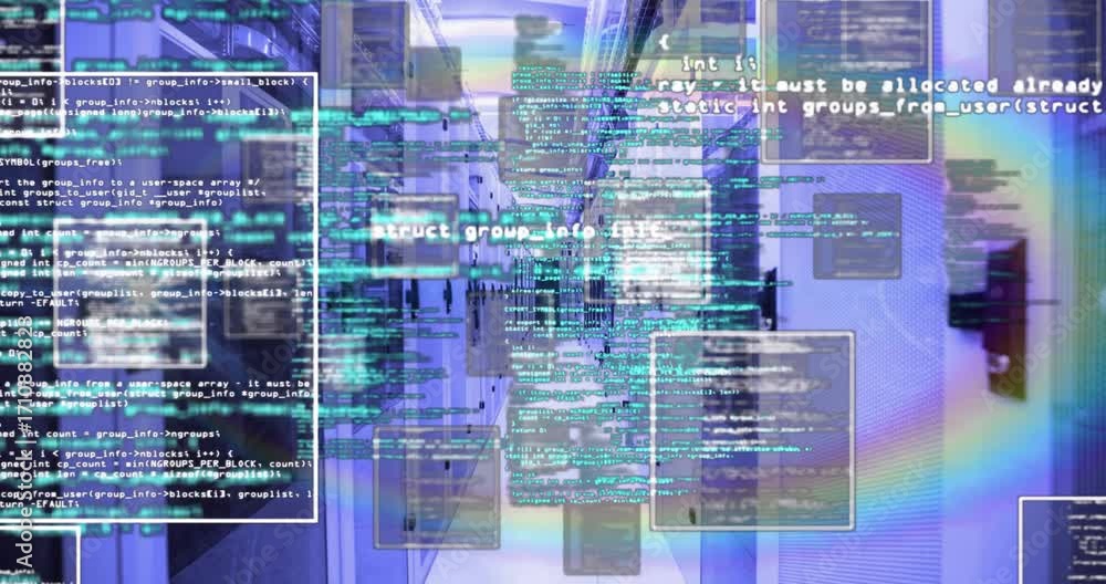 computer code animation over server racks in data... Data-center corridor between server racks launching code windows ...