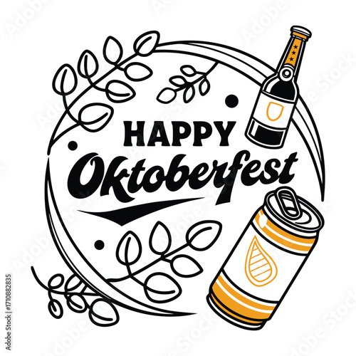 Happy Oktoberfest celebration with beer bottle and can illustration