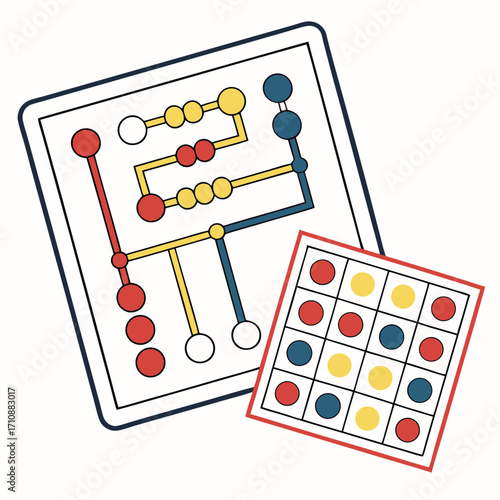 Abstract colorful game boards with connected dots and a grid of colored circles representing strategy and logic