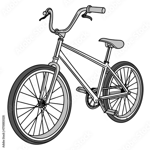 A simple black and white illustration of a classic bmx bicycle with a curved handlebar and large wheels