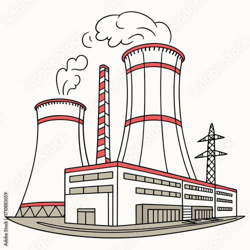 Cartoon illustration of a power plant with cooling towers emitting steam and a tall smokestack with a power line tower nearby