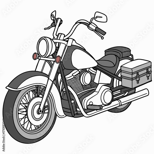 Classic american cruiser motorcycle with saddlebag and chrome details isolated on white background