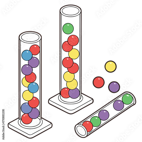 Colorful spherical objects arranged in laboratory test tubes and scattered on a white background