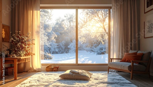 Warm golden sunlight streaming into a cozy living room with a large window overlooking a serene, snow-covered forest