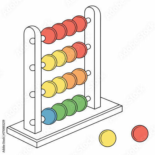 Colorful wooden abacus toy with beads arranged in rainbow order on white background