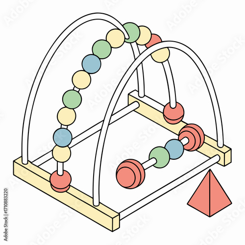 Colorful wooden baby toy with beads and a pyramid for early childhood development and learning