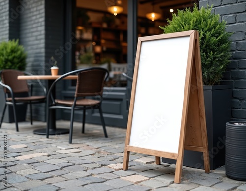 Fototapeta Naklejka Na Ścianę i Meble -  Blank A-frame sign on cobblestone street in front of cafe restaurant. Outdoor seating area with small table, two chairs, green plant creates inviting space. Empty sandwich board ready for daily menu