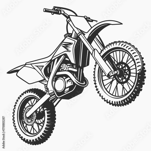 Dynamic black and white line art illustration of a dirt bike performing a wheelie on a clean white background