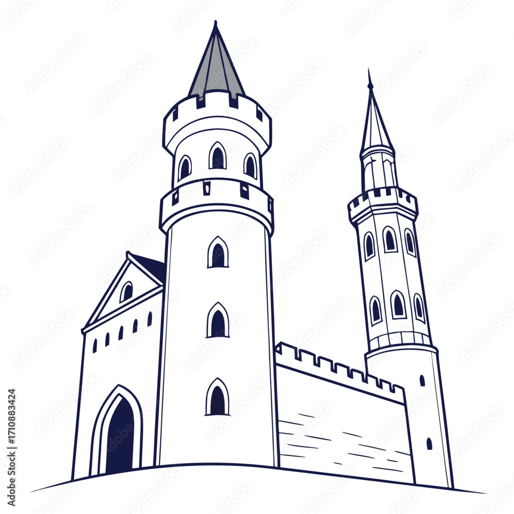 Fototapeta premium Illustrative line drawing of a majestic medieval castle with two distinct towers and fortified walls