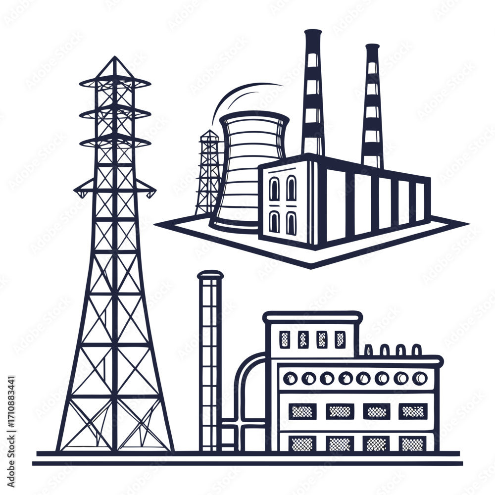 Obraz premium Industrial power generation facilities including a tall transmission tower and two distinct factory buildings with smokestacks and cooling towers