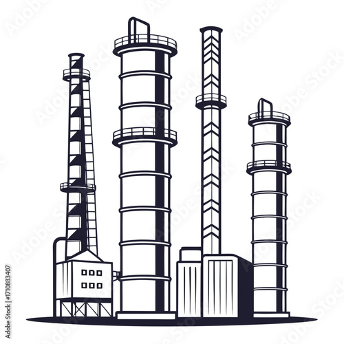 Industrial factory with multiple tall chimneys and buildings against a white background vector illustration