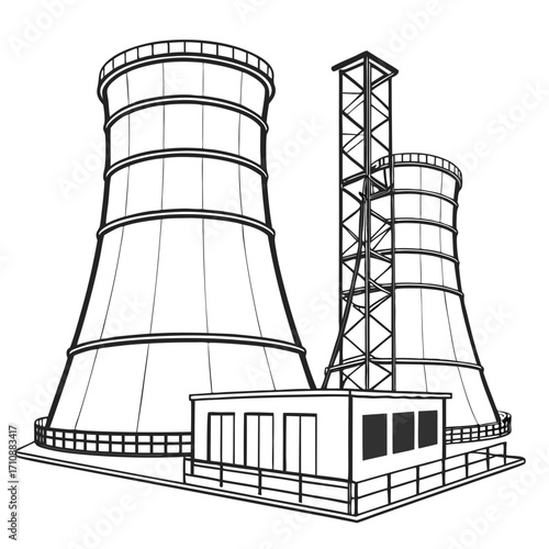 Industrial cooling towers and power plant building with a transmission tower against a white background