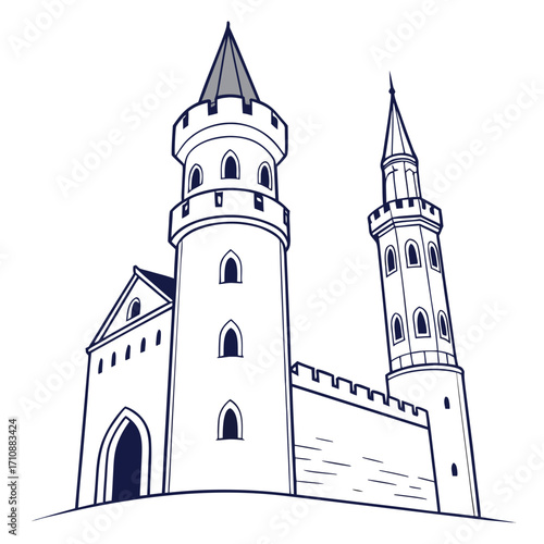 Illustrative line drawing of a majestic medieval castle with two distinct towers and fortified walls