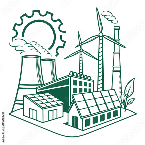 Illustration of industrial buildings with renewable energy sources like wind turbines and solar panels