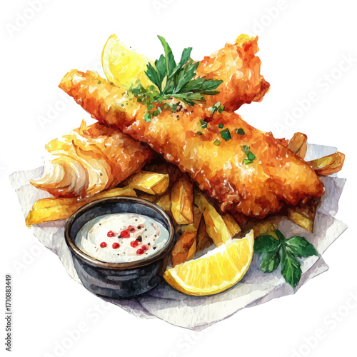 A watercolor painting of Fish And Chips, vector illustration on white background.