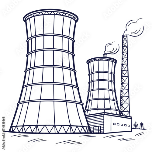 Industrial power plant with cooling towers and a smokestack emitting steam against a white background