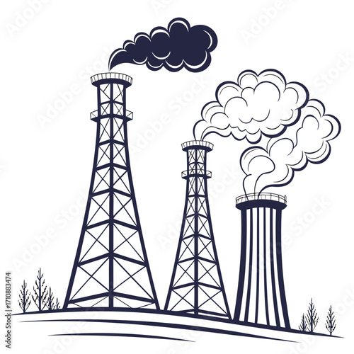 Industrial smokestacks emitting plumes of smoke and steam against a white background representing pollution and industry