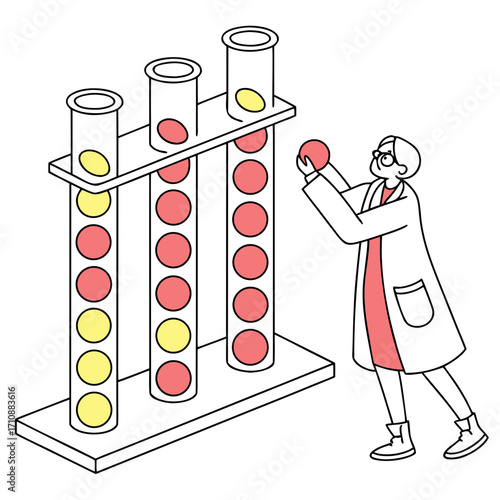Scientist in lab coat holding red ball and interacting with test tubes filled with red and yellow circles in a rack
