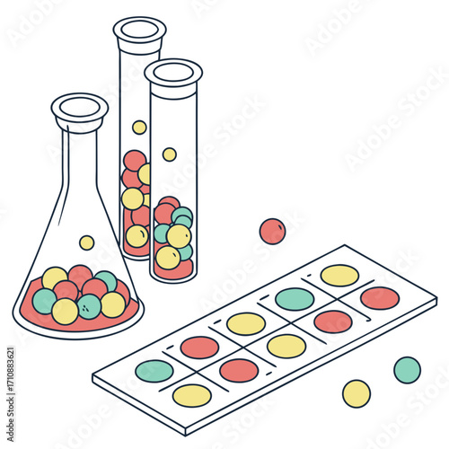 Scientific experiment with colorful balls in beakers and a game board with matching colored tokens
