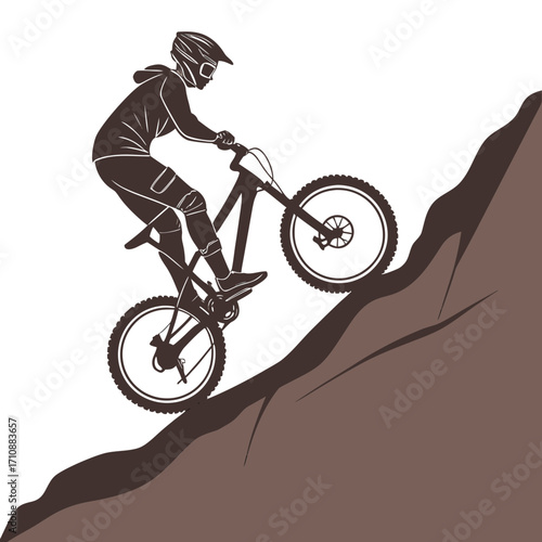 Silhouette of a downhill mountain biker in protective gear riding a bicycle down a steep rocky slope