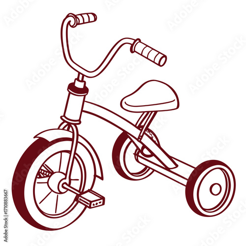 Simple line drawing of a classic children s tricycle with a red outline on a white background