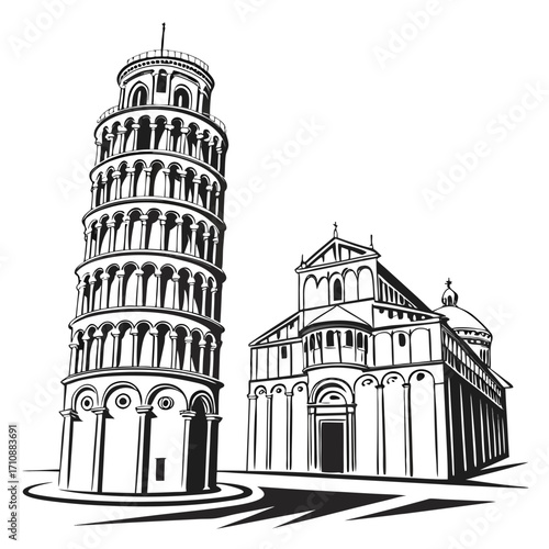 Striking black and white illustration of the leaning tower of pisa and the pisa cathedral on a white background