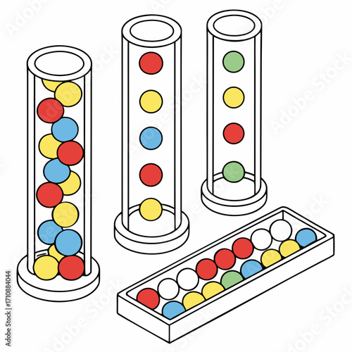 Three colorful balls in tubes and a tray with balls for a game or educational activity