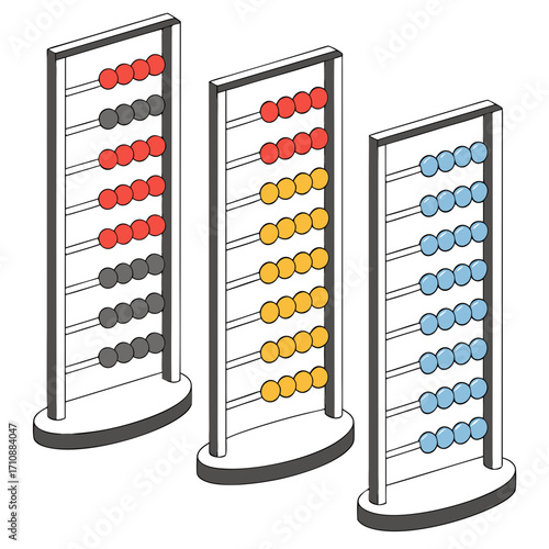 Three colorful abacuses with red gray yellow and blue beads arranged in rows on white background