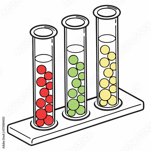 Three laboratory test tubes filled with colorful spheres sitting in a wooden rack for scientific experiments