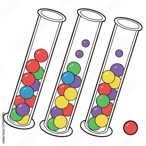 Three laboratory test tubes filled with colorful round balls in a science experiment illustration