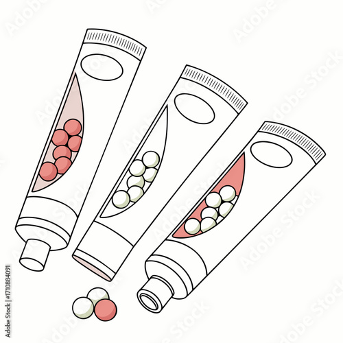 Three stylized tubes of cosmetic cream or medicine with small spheres inside and a few scattered outside
