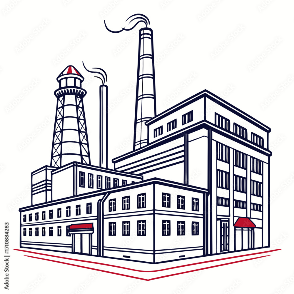 Obraz premium Industrial factory building with smokestacks emitting smoke and a water tower against a white background