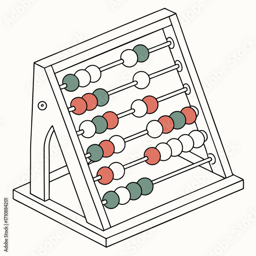 A wooden abacus with colorful beads arranged on rods for counting and early childhood education